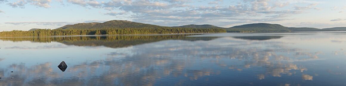 Panorama of calm lake and hills