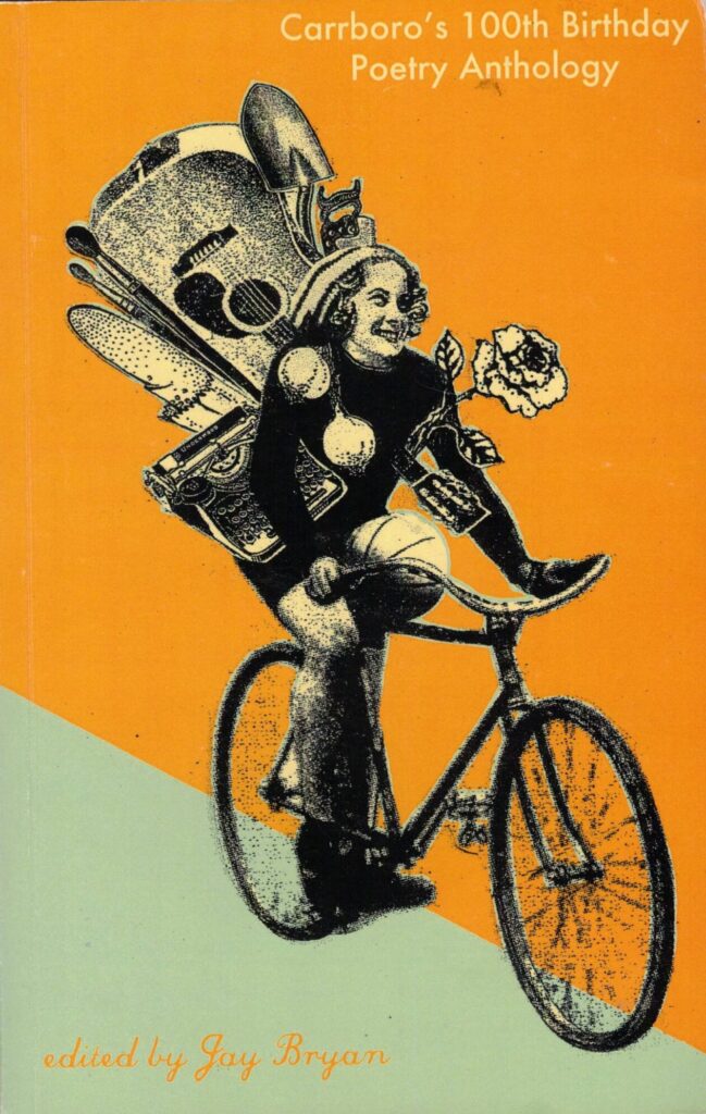 orange book cover showing collage of woman on bicycle carrying many diverse things